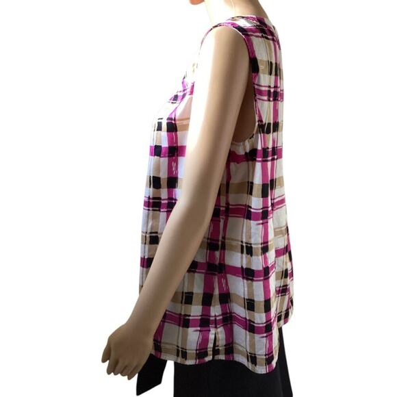 Talbots women's sleeveless blouse mod plaid pattern in black, pink, tan sz 16 - Picture 2 of 6